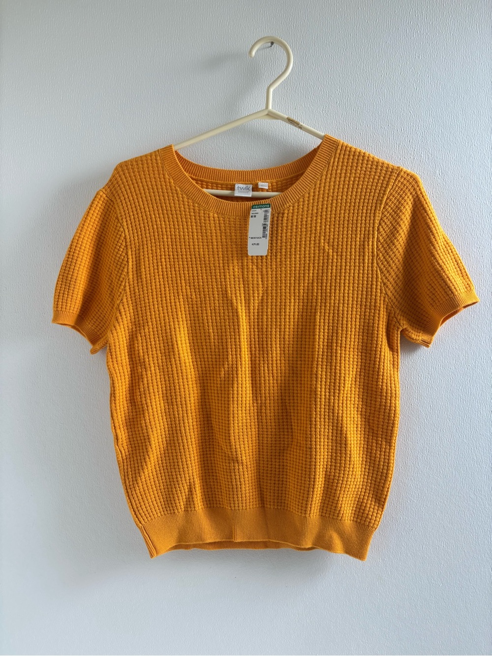 Short-Sleeve Waffle Knit Top in Mustard Yellow